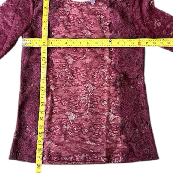 $148 Anthropologie Vintage Top Medium 6 8 Wine Lace Overlay 3/4 Sleeve Mixd Lace - Picture 11 of 16